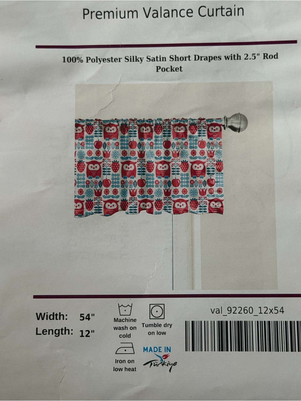 Owl Print Valance Curtain in Red & Teal